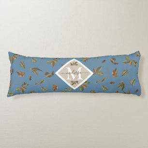 Dusty Blue Rustic Brown Leaves Monogrammed  Body Cushion