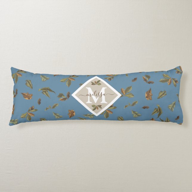 Dusty Blue Rustic Brown Leaves Monogrammed  Body Cushion (Front)