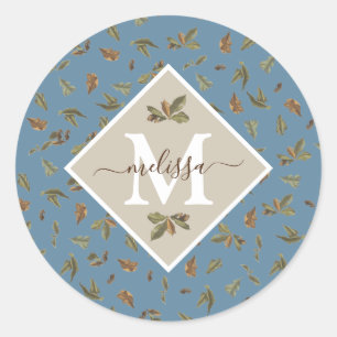 Dusty Blue Rustic Brown Leaves Monogrammed Classic Round Sticker