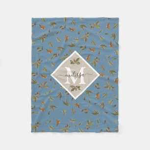 Dusty Blue Rustic Brown Leaves Monogrammed  Fleece Blanket