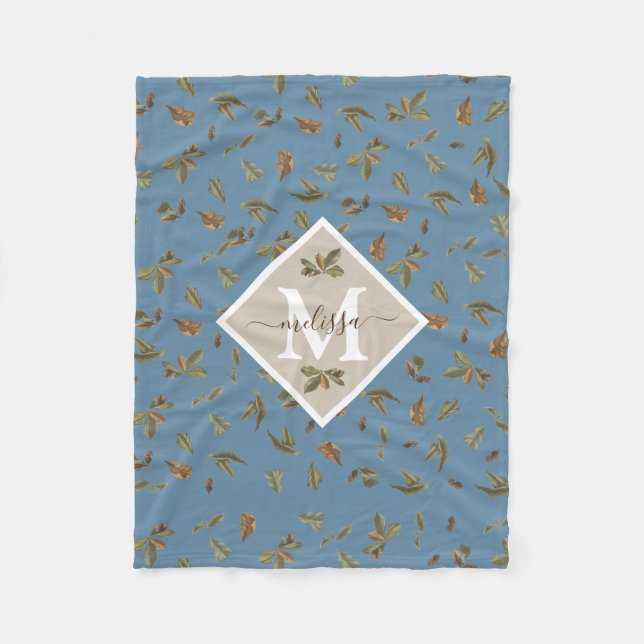 Dusty Blue Rustic Brown Leaves Monogrammed  Fleece Blanket (Front)