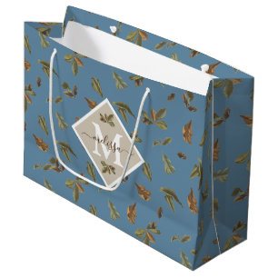 Dusty Blue Rustic Brown Leaves Monogrammed Large Gift Bag
