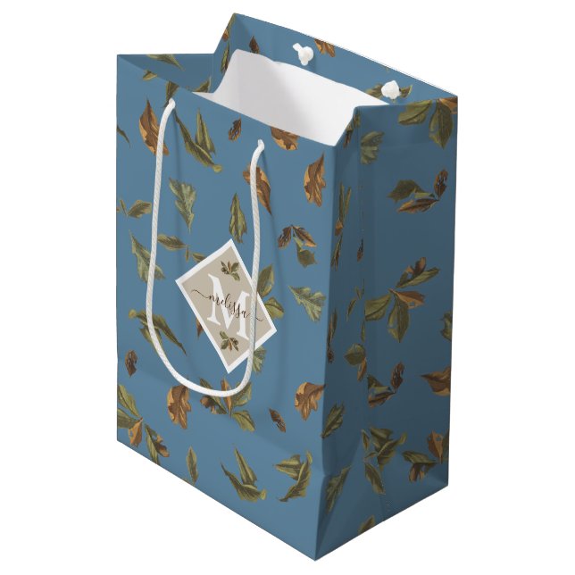 Dusty Blue Rustic Brown Leaves Monogrammed Medium Gift Bag (Front Angled)