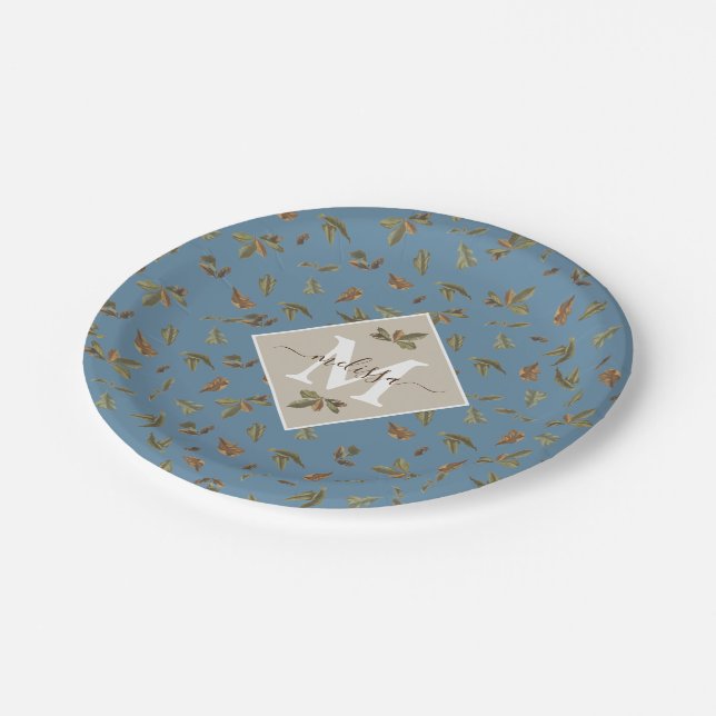 Dusty Blue Rustic Brown Leaves Monogrammed Paper Plate (Angled)