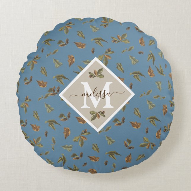 Dusty Blue Rustic Brown Leaves Monogrammed Round Cushion (Front)