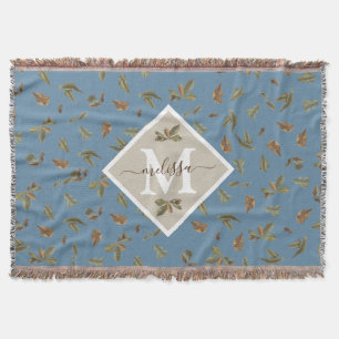 Dusty Blue Rustic Brown Leaves Monogrammed Throw Blanket