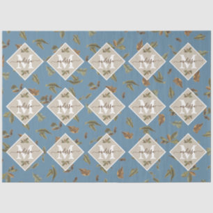 Dusty Blue Rustic Brown Leaves Monogrammed Tissue Paper