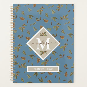Dusty Blue Rustic Brown Leaves Monogrammed Yearly Planner