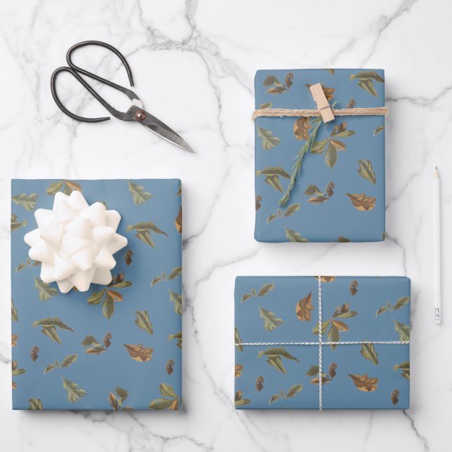 Dusty Blue Rustic Brown Leaves Wrapping Paper Sheet (Front)