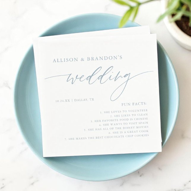 Dusty Blue Rustic Elegant Wedding Fun Facts Napkin (Creator Uploaded)