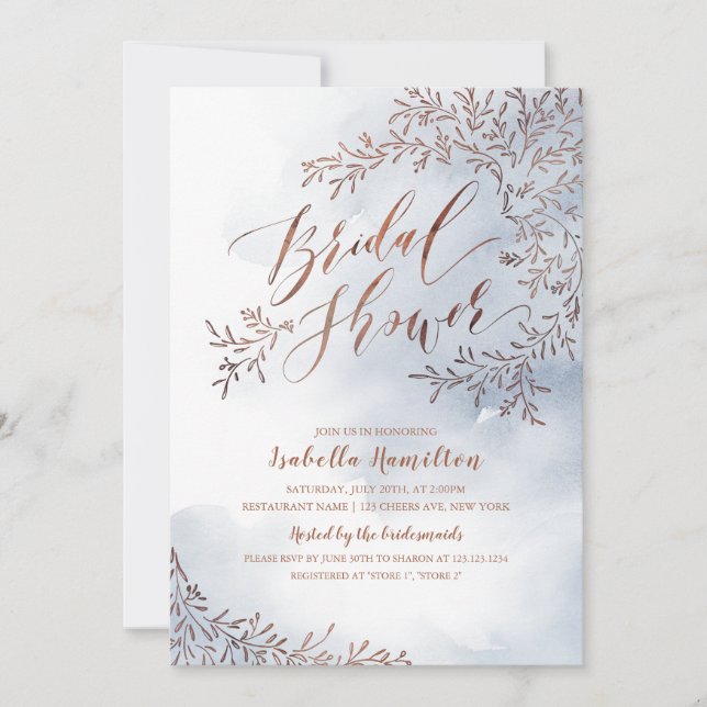 Dusty blue rustic floral calligraphy bridal shower invitation (Front)