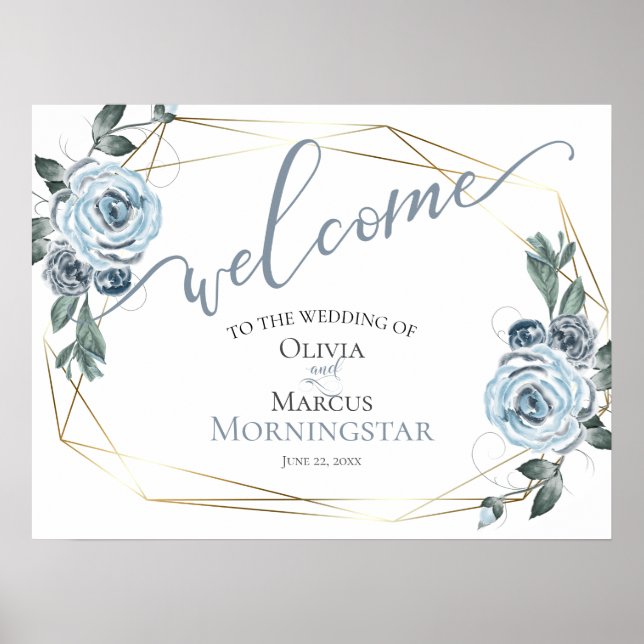 Dusty Blue Rustic Floral  Calligraphy Welcome Poster (Front)