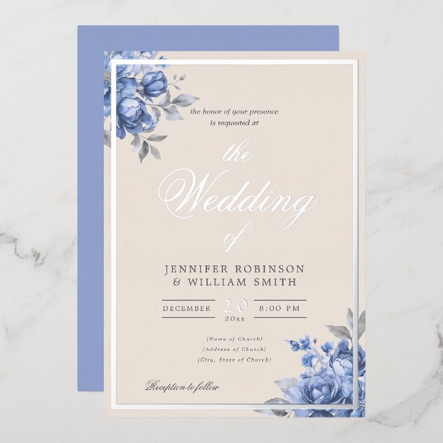 Dusty Blue Rustic Floral Elegant Script Wedding  (Front/Back)