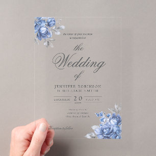 Dusty Blue Rustic Floral Elegant Script Wedding Acrylic Invitations