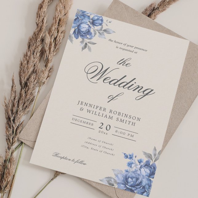 Dusty Blue Rustic Floral Elegant Script Wedding  Invitation (Dusty Blue Rustic Floral Elegant Script Wedding Invitation)