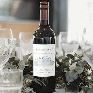 Dusty Blue Rustic Floral Elegant Wedding Thank You Wine Label