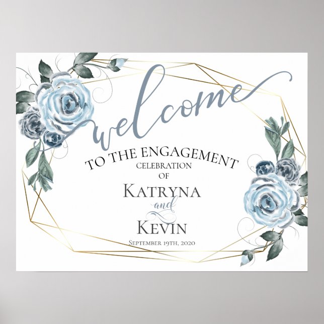 Dusty Blue Rustic Floral Engagement Welcome Poster (Front)