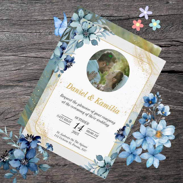 Dusty Blue Rustic Floral Wedding Invite with Photo (Dusty Blue Rustic Floral Wedding Invite with Photo
)