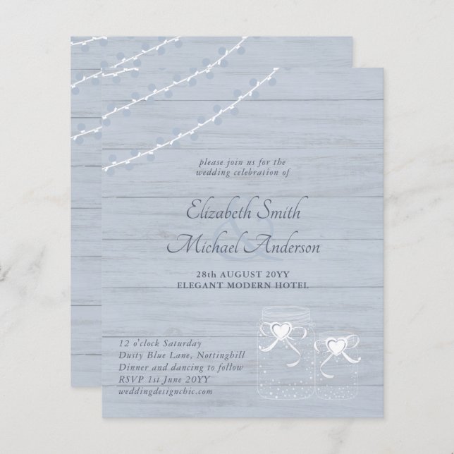  Dusty Blue Rustic Lights Mason Jar Wedding Invite (Front/Back)