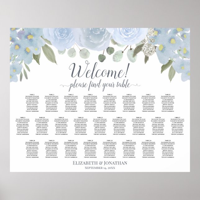 Dusty Blue Rustic Roses 25 Table Seating Chart (Front)