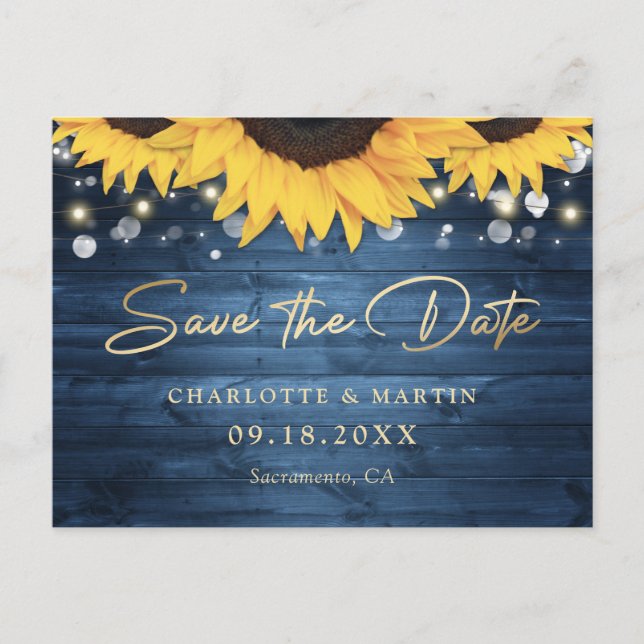 Dusty Blue Rustic Sunflower Wedding Save The Date Announcement Postcard (Front)