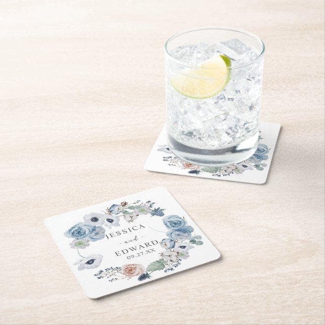 Dusty Blue Rustic Wedding Floral Square Paper Coaster (Insitu)