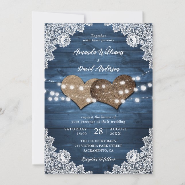Dusty Blue Rustic Wood Burlap Lace Lights Wedding Invitation (Front)