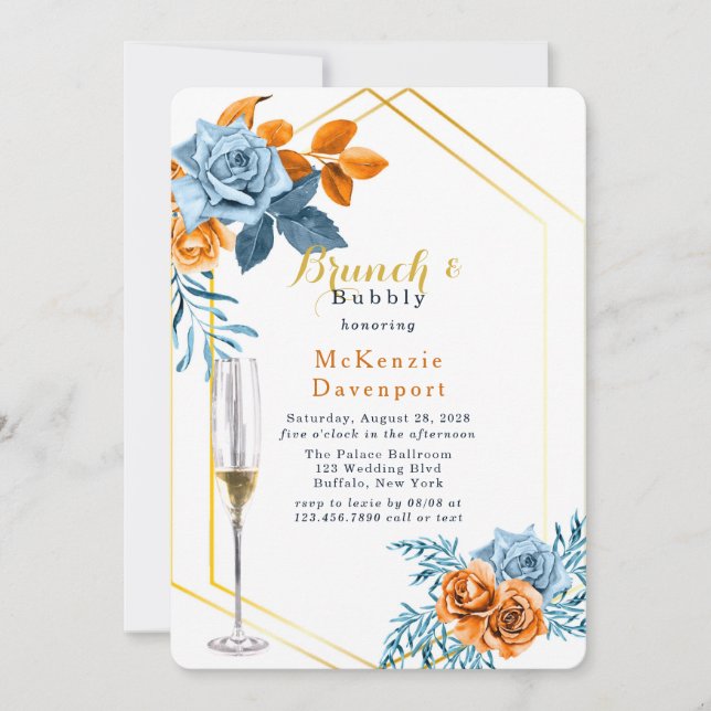 Dusty Blue & Rusty Peony Floral Brunch and Bubbly Invitation (Front)
