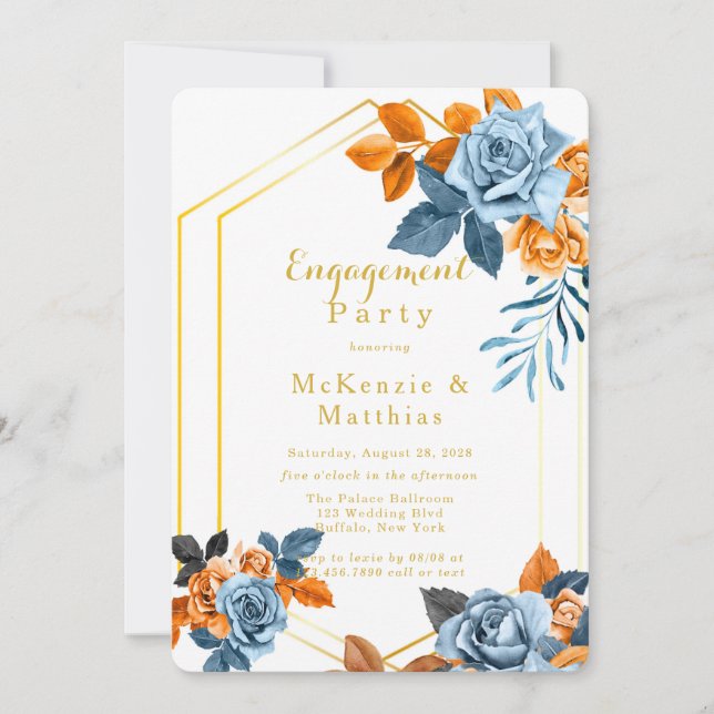 Dusty Blue & Rusty Peony Gold Engagement Party Invitation (Front)