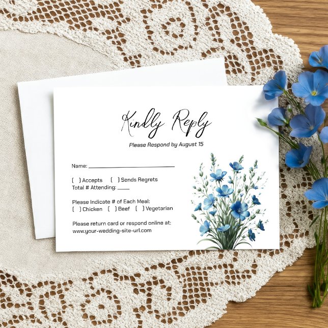 Dusty Blue & Sage Boho Chic Wildflowers Wedding RSVP Card (Creator Uploaded)