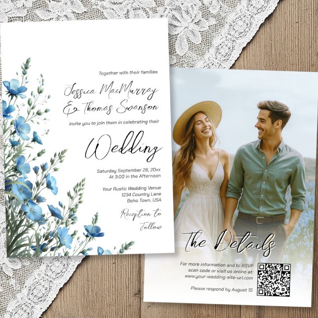Dusty Blue Sage Boho Wildflowers Photo QR Wedding Invitation (Front/Back)