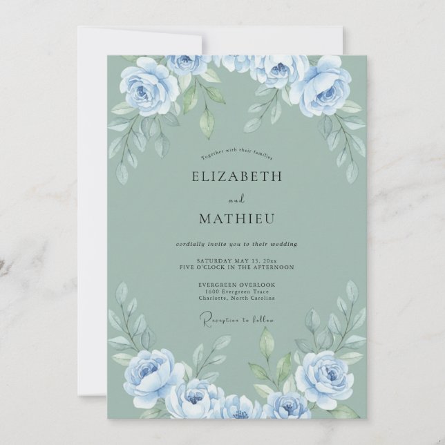 Dusty Blue Sage Floral Romance Wedding Invitation (Front)