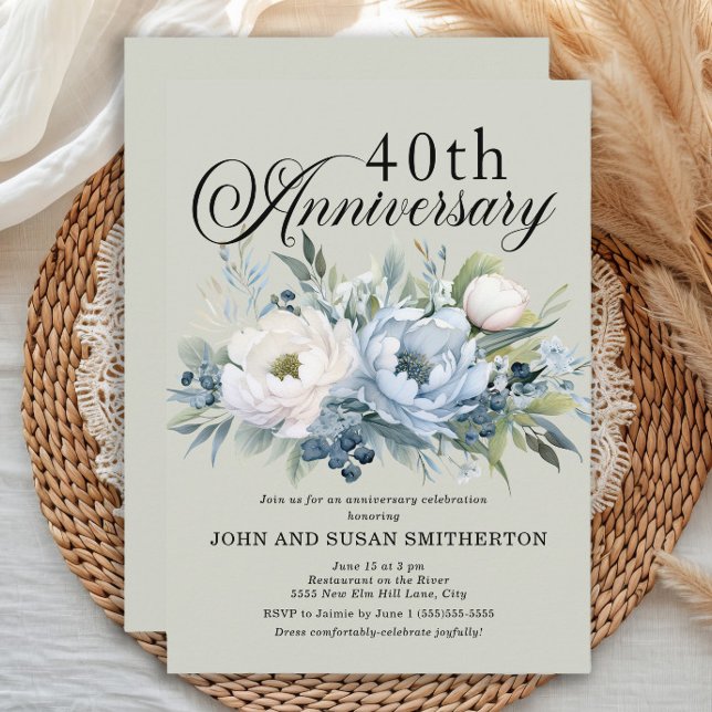 Dusty Blue Sage Green 40th Anniversary Invitation (Dusty blue watercolor floral and sage green 40th wedding anniversary invitation)