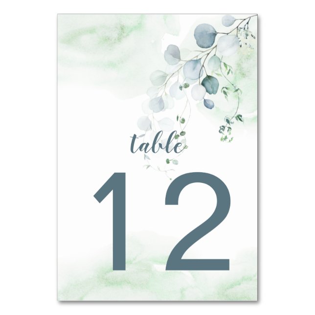 Dusty Blue & Sage Green Eucalyptus Botanical Table Number (Front)