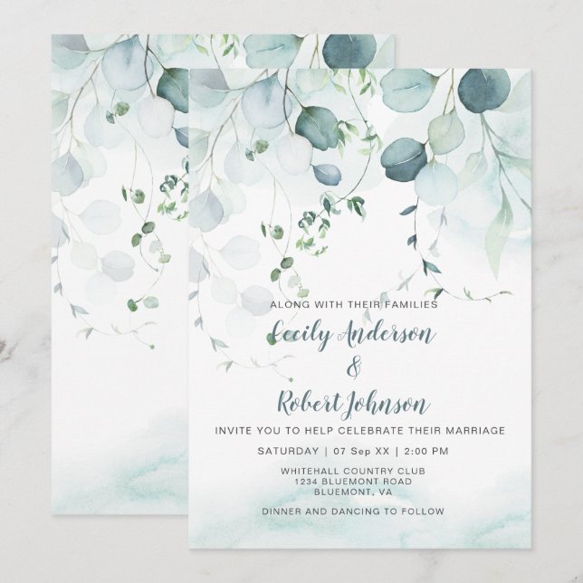 Dusty Blue & Sage Green Eucalyptus Wedding Invitation (Front/Back)