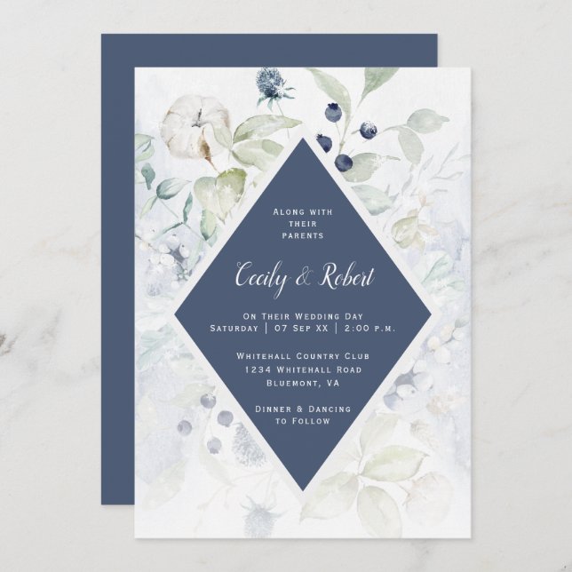 Dusty Blue Sage Green Floral Diamond Frame Wedding Invitation (Front/Back)