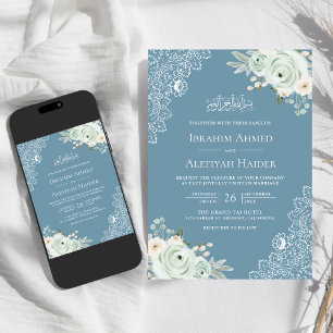 Dusty Blue Sage Green Floral Lace Muslim Wedding Invitation