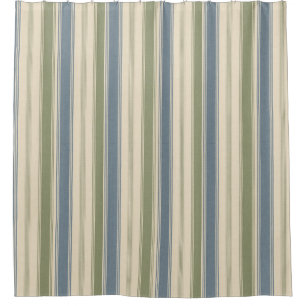 Dusty Blue & Sage Green Linen Multi-Width Stripes Shower Curtain