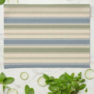 Dusty Blue & Sage Green Linen Multi-Width Stripes Tea Towel