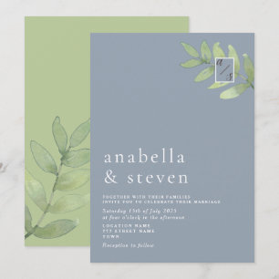 Dusty Blue Sage Green Monogram Wedding Invitation
