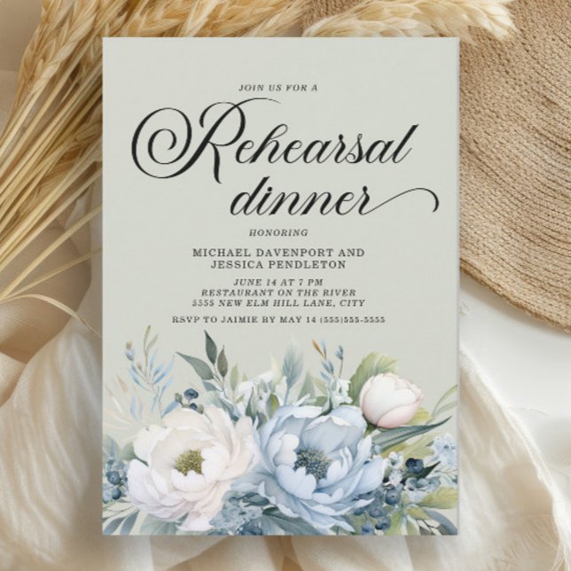 Dusty Blue Sage Green Rehearsal Dinner Invitation (Dusty blue watercolor floral on sage green Rehearsal Dinner invitation)