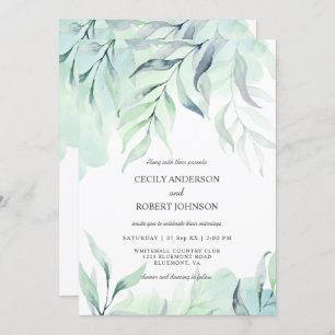Dusty Blue & Sage Green Watercolor Ferns Wedding Invitation