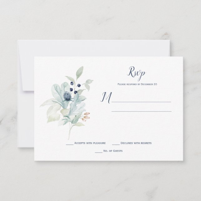 Dusty Blue Sage Green Winter Floral RSVP Card (Front)