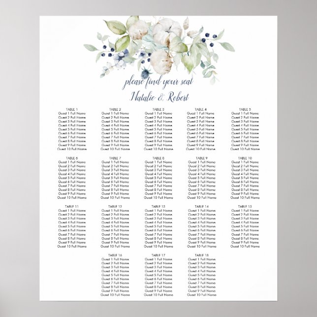 Dusty Blue Sage Green Winter Floral Seating Chart (Front)