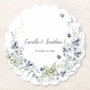 Dusty Blue Sage Green Winter Floral Wedding Paper Coaster