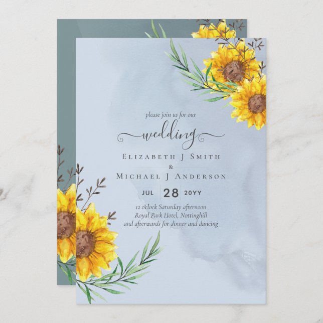 Dusty Blue Sage Sunflowers Rustic Boho Wedding (Front/Back)