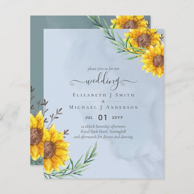 Dusty Blue Sage Sunflowers Rustic Boho Wedding (Front/Back)