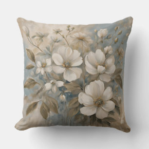 Dusty Blue Sage Tan Farmhouse Floral Cushion