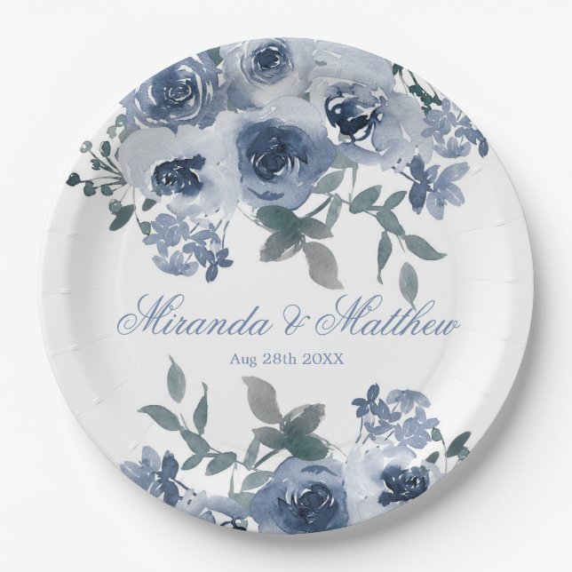 Dusty Blue Sage Watercolor Peony Wedding Paper Plate (Front)