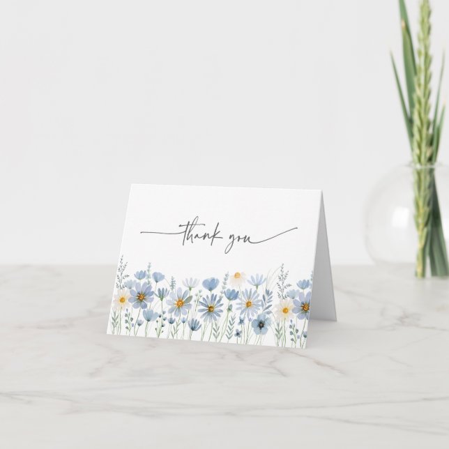 Dusty Blue Sage Wildflower Floral Wedding Thank You Card (Front)